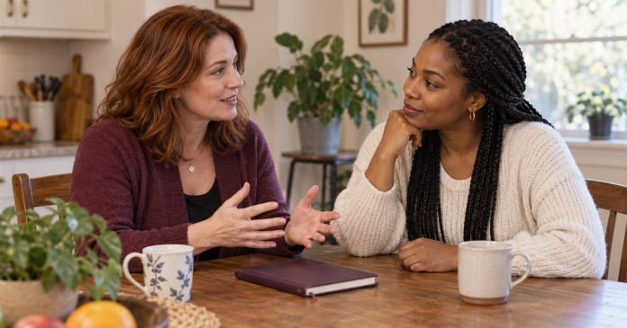 A respectful conversation about identity and needs Two adult women talking attentively at a home table with a closed notebook.