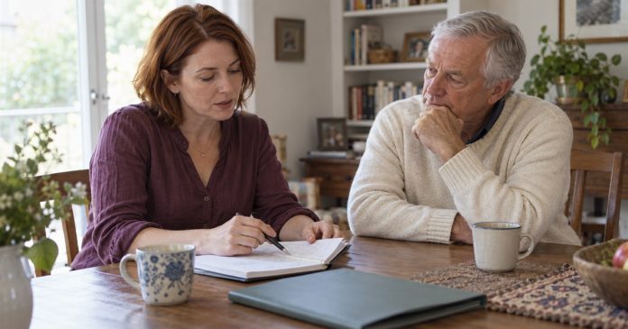 Checking a decision with another person at home Woman discussing a notebook decision plan with an older man at a home table.