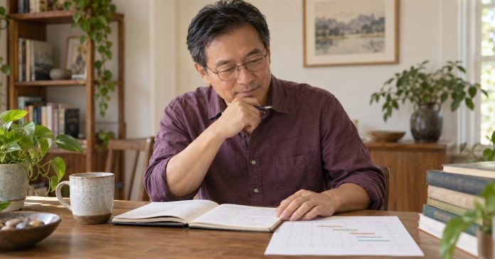 Man reviewing notes and a project schedule at a modest home table