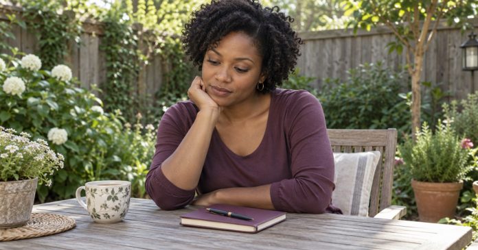Woman sitting with a closed notebook and tea at a modest garden table.