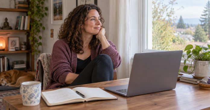 Taking a planned job-search break at home Woman taking a screen break beside a notebook and open laptop in a modest home office.