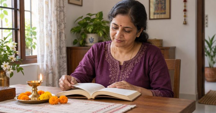 Woman reading a devotional book at a modest home table beside flowers and a brass lamp