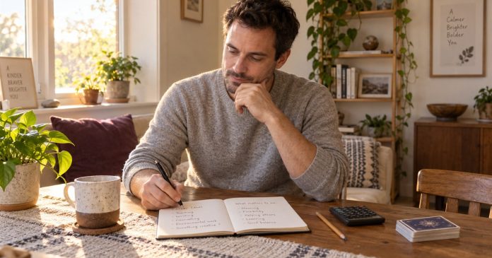 Private career reflection at home Man writing in a notebook at home with a calculator nearby.