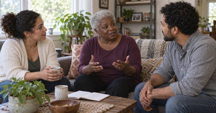 Three adults discussing community expectations in a modest living room