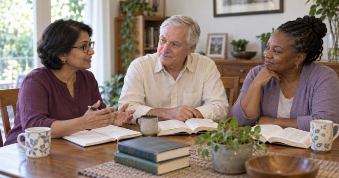 Learning About Mediumship: Study the Practice Without Promising Contact Three adults discussing a book in an ordinary home setting.