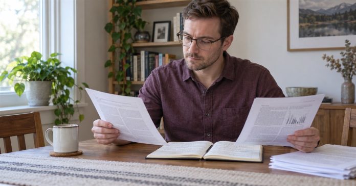 Man comparing printed research papers at a modest home table