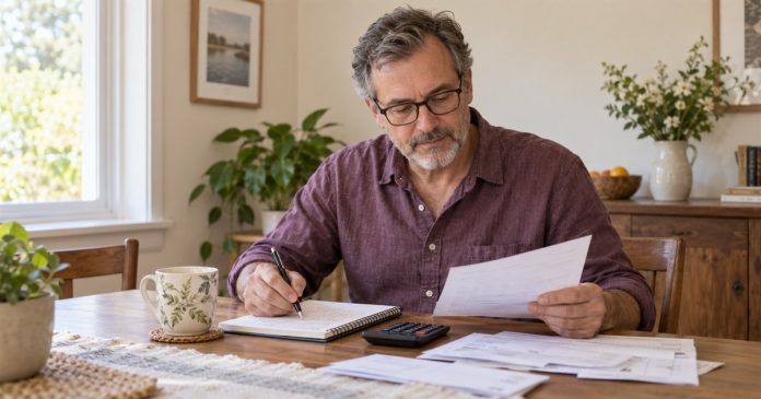 Man reviewing ordinary bills and a notebook with a calculator at home.