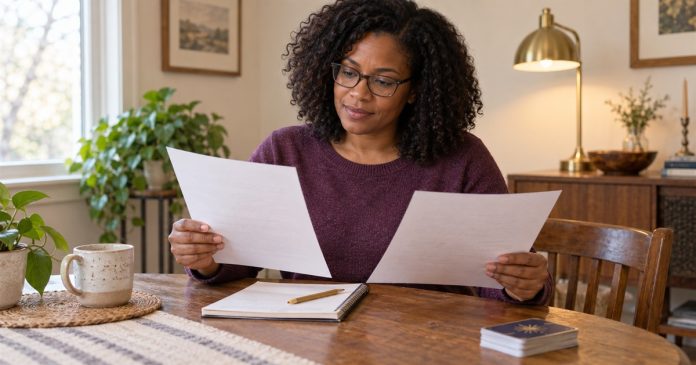 Woman comparing notes about job options at her home table.