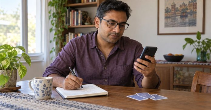 A man holding a phone while making notes beside face-down cards at home