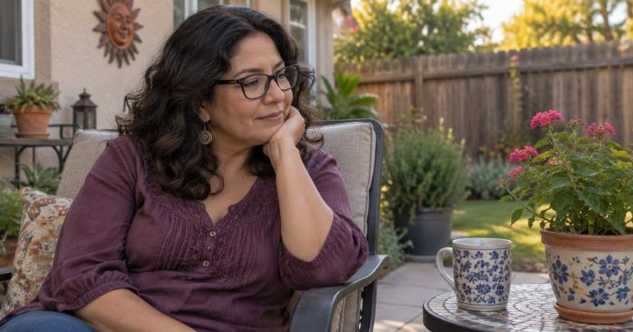 A woman sitting near a flowering plant on a modest home patio