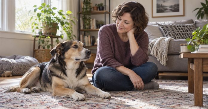 Animal Whisperers and Pet Psychics: Keep Care, Search and Interpretation Separate A woman observing her relaxed dog in a modest home living room.