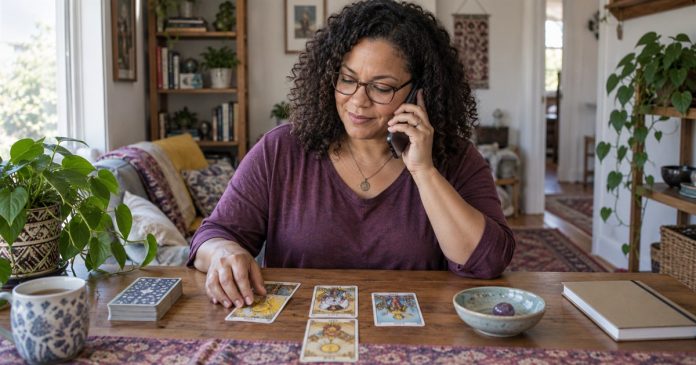 Woman speaking on a smartphone beside tarot cards at a modest home desk.
