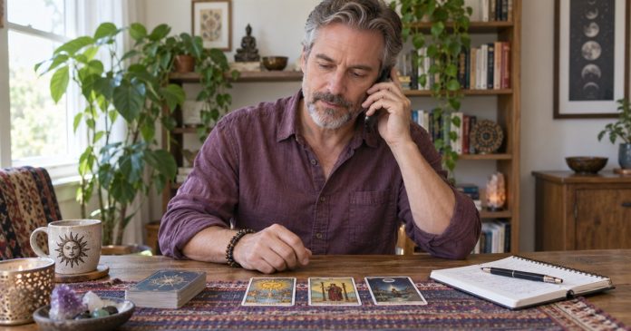 Phone reading in a modest home A man speaking on a phone beside tarot cards at a home table