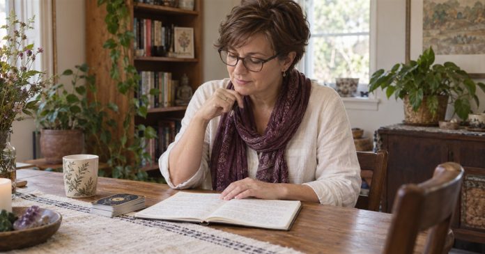 Reviewing notes after a reading Woman reviewing a notebook at a home table with a closed tarot deck.