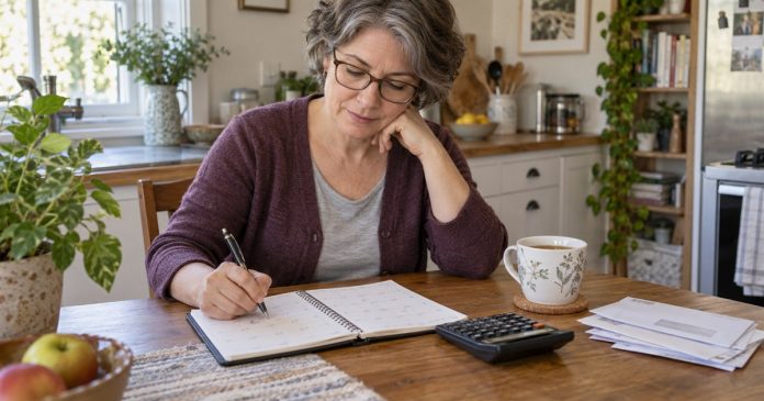 Woman reviewing an open bill calendar with a calculator and envelopes at a home table.