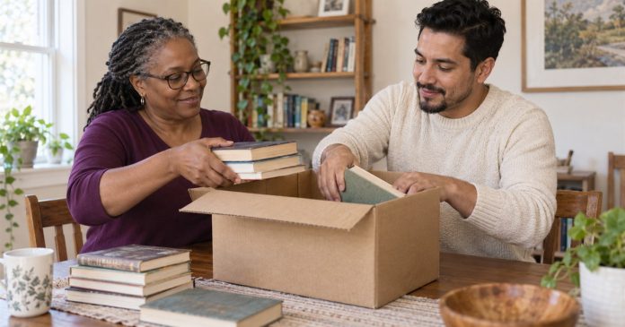 A small practical act of service Two adults placing gently used books in an unmarked box at a home table.
