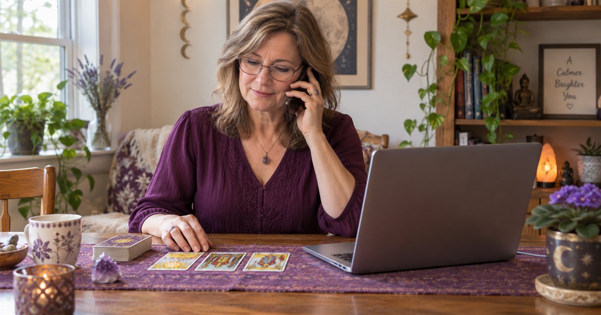 Woman giving a phone reading at home with tarot cards, a small crystal and an open laptop.