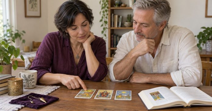 Two adults learning tarot at a modest home table with a book and cards.