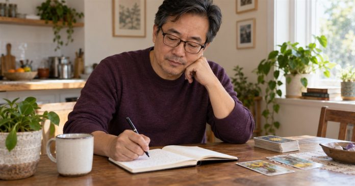 A man writing a reflection in a notebook with tarot cards nearby at home.
