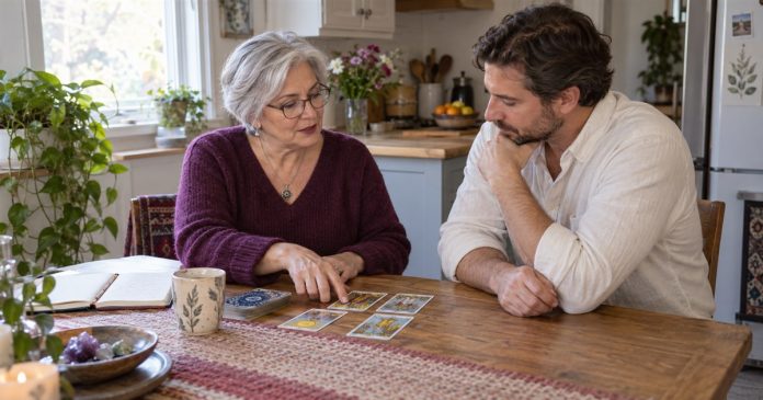 Respectful reading conversation Older woman reader explaining tarot cards to an adult client at a modest home table