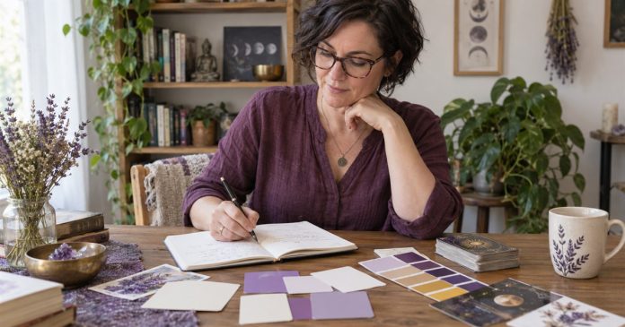 Woman at a home table reviewing a notebook and purple, cream and gold design samples.
