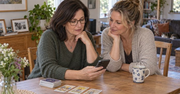 Two women at a home dining table reviewing a smartphone, with tarot cards nearby.