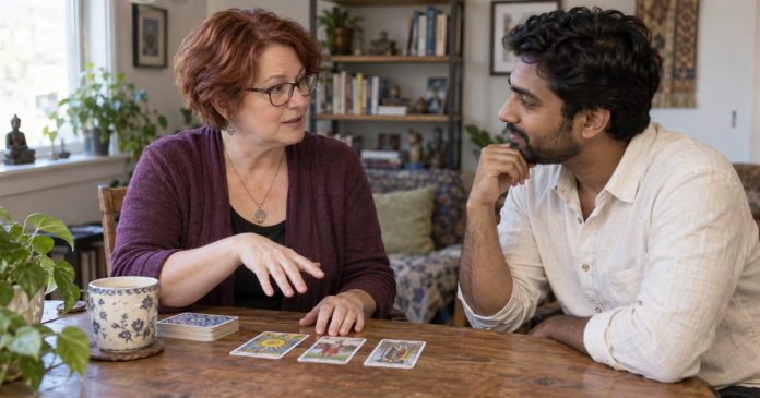 Discussing a reading format at home A reader and client discussing a tarot spread in an ordinary home