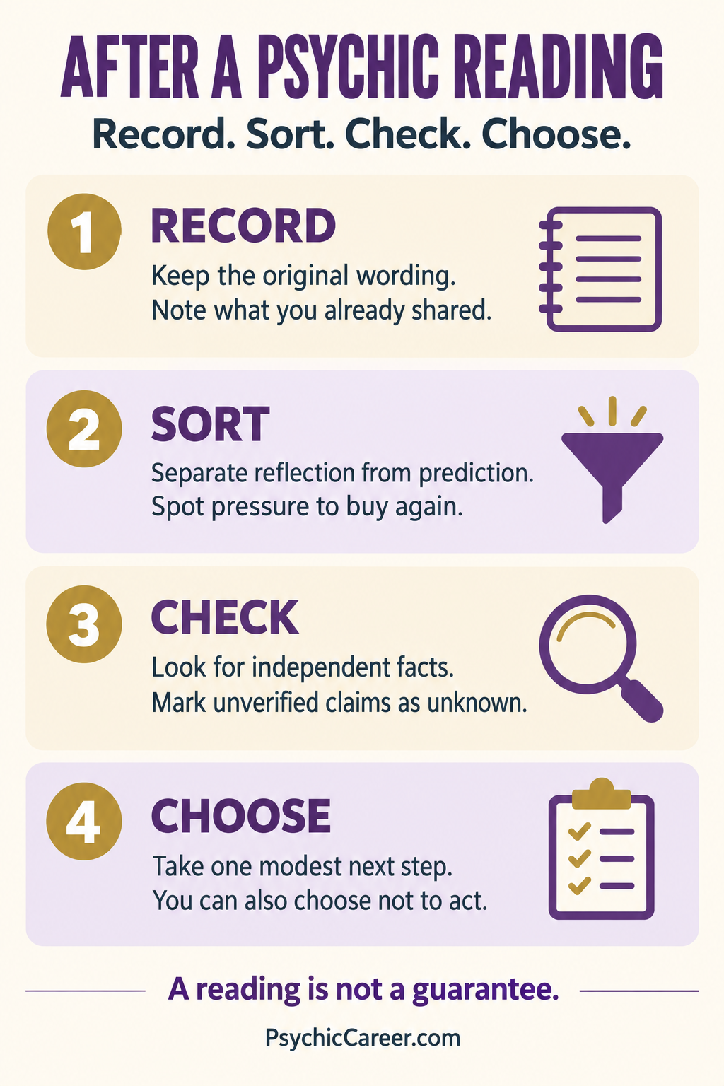 Record original wording; sort reflection from prediction; check independent facts; choose one modest action or no action.