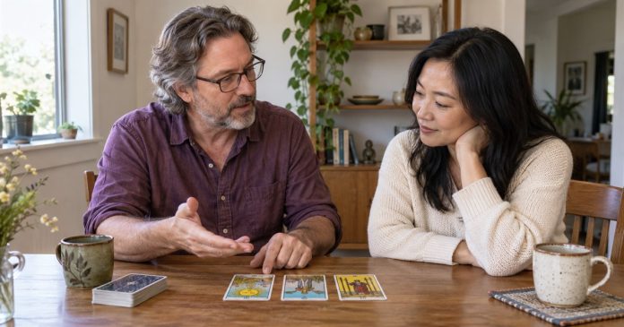 What Psychics Offer: Understand the Service Before Accepting the Claims A reader and client discussing tarot cards at a modest home table.