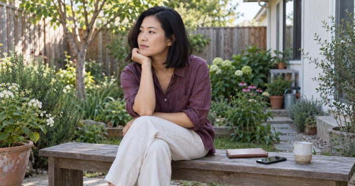 Woman sitting thoughtfully on a backyard bench beside a notebook and phone.