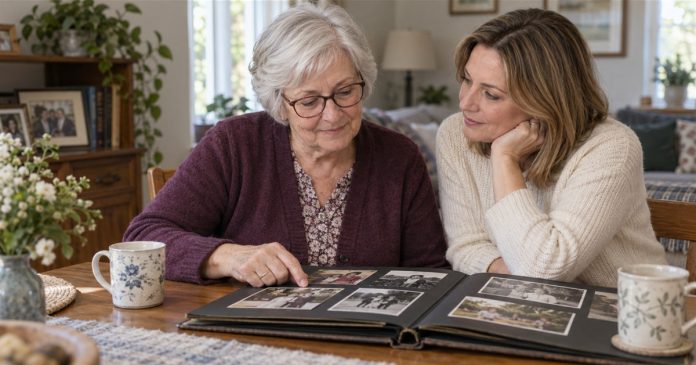 Two women looking at a family photo album at a home table
