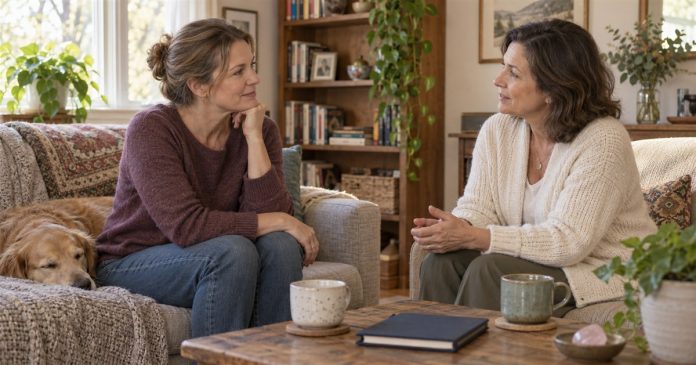 Respectful support after criticism Two women talking in a modest home living room beside closed notebooks and cups