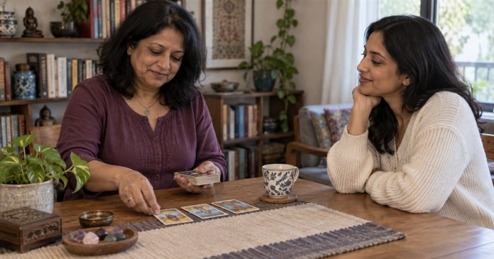 Agreeing a welcoming shared reading space Two women discussing a modest home reading table with a tarot deck and cup