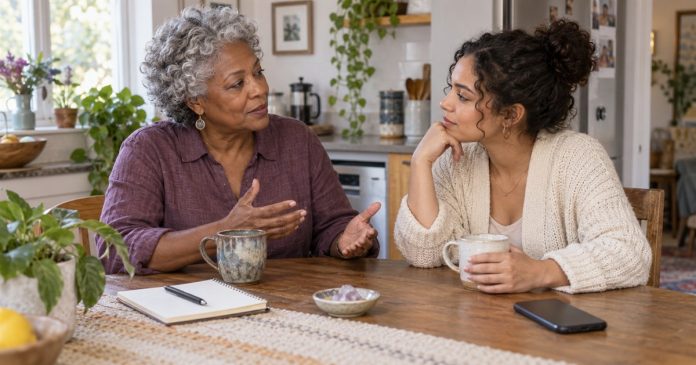 Discussing reflections and practical choices at home Two women talking at a modest home table with a notebook and phone