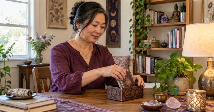 Woman arranging cards and a storage box at a modest home table beside a plant and lamp