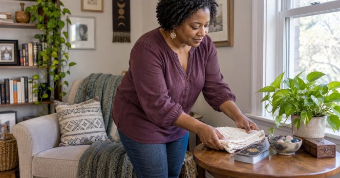 A smoke-free home space reset Woman arranging a cream cloth beside tarot cards and a stone bowl in a home reading corner.