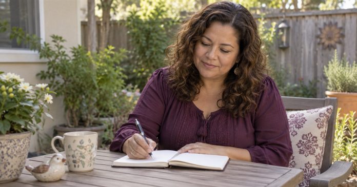 Optional spirit-guide reflection journal Woman writing a reflection notebook at a modest backyard table beside a small ceramic bird