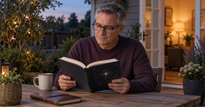Man reading a book with a star illustration at a modest backyard table at dusk.