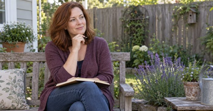 Woman sitting with a notebook on a garden bench in an ordinary backyard.