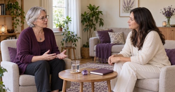 Two women discussing a spiritual session in a modest home living room.