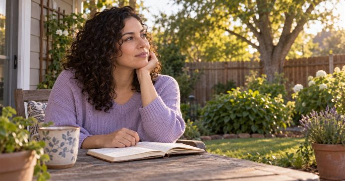 Woman with a journal at a modest backyard patio table.