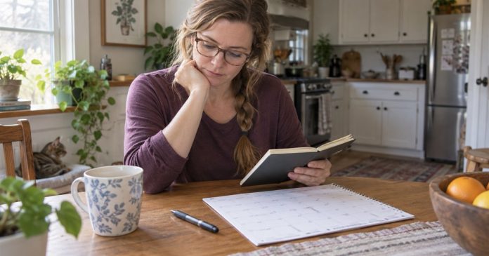 A woman comparing notebook entries with a paper calendar at home