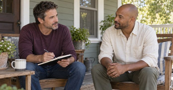 Two adult friends having a calm conversation on a modest home porch.