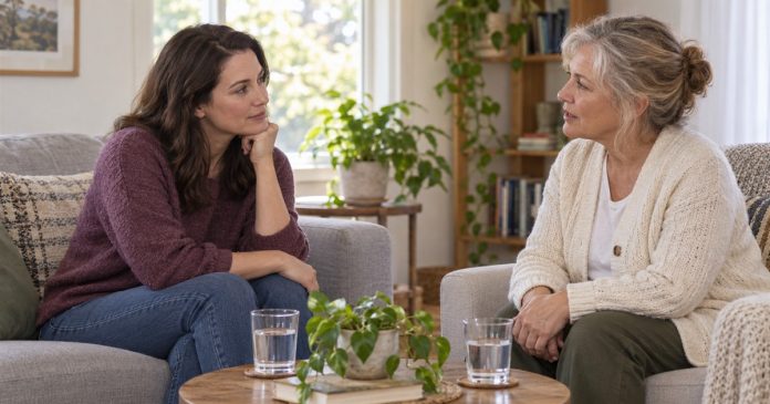 Two adults listening to each other with comfortable space in a bright ordinary living room.