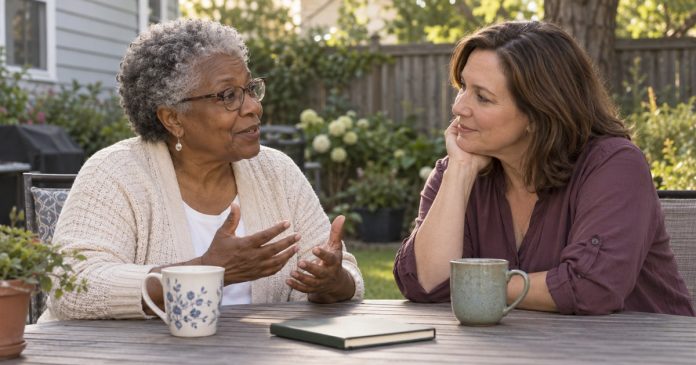 Spiritual Healing: Offer Meaning and Support Without Promising a Cure Two women having a supportive conversation in an ordinary backyard.