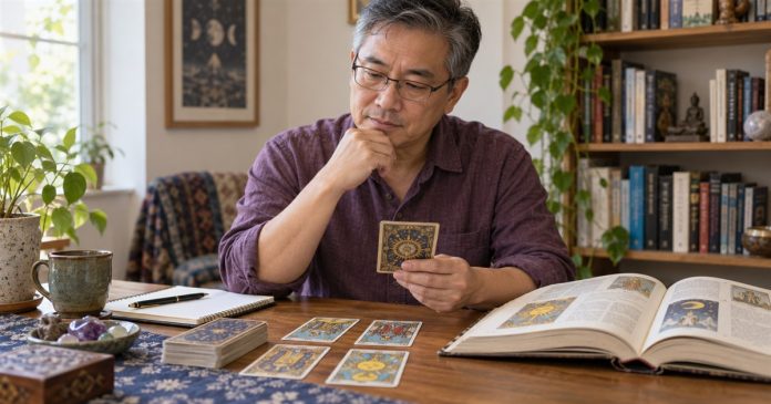 Learning tarot symbolism at home A man studying tarot cards and a reference book at a home table