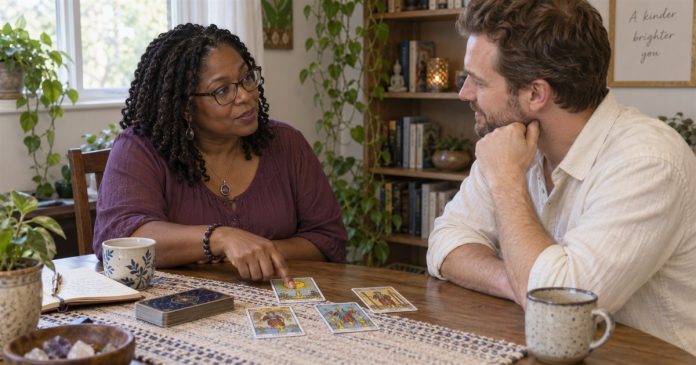 Woman with glasses discussing tarot cards with a man at a modest home table.