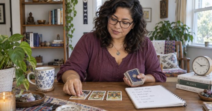 Building a Psychic Reading Service: Define Your Offer Without Inflating Your Expertise A woman considering tarot cards and a service plan at her modest home table.