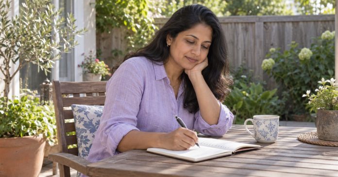 Gentle journaling in a backyard Woman writing in a notebook on a modest backyard patio.