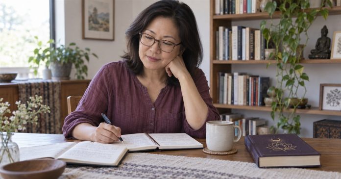 Third-Eye Claims: Keep Symbolism Separate From Anatomy and Symptoms A woman reviewing notes and a spiritual-symbolism book at a modest home table.